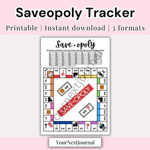 Puede incluir: Un tablero de juego Saveopoly imprimible con un tablero de juego colorido e instrucciones. El tablero presenta una pieza de juego, un signo de interrogación y un signo de dólar. El texto "Save-opoly" está impreso en rojo y negro.