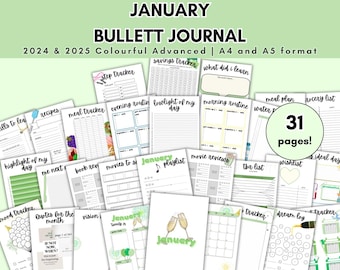 Planificador de enero de 2024 y 2025/plantilla de enero/bullett journal/pdf/digital/colorful/monthly tracker/printable/Notebook/Organised