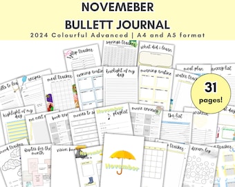 2024 November planner|November template|bullett journal|pdf|digital|colourful|monthly tracker|printable|Notebook|Organised|September