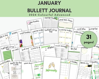 2024 January planner | January template | bullett journal | pdf | digital | colourful | monthly tracker | printable | Notebook | Organised