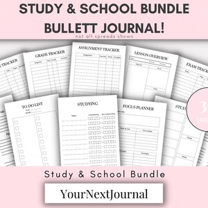 May include: A printable study and school bullet journal bundle with 36 pages. The pages include trackers for reading, grades, assignments, lessons, exams, to-do lists, studying, and focus planning. The pages are black and white and have a minimalist design.