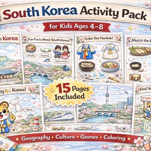 Peut inclure: Un pack d'activités sur la Corée du Sud pour les enfants de 4 à 8 ans, avec 15 pages de jeux et de coloriages. Il comprend des informations sur la culture et la géographie coréennes. Le pack présente des illustrations de plats coréens, de vêtements traditionnels et de monuments.