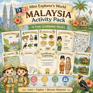 Peut inclure: Un pack d'activités éducatives coloré intitulé "Mini Explorer's World Malaysia". Il comprend 15 pages d'apprentissage amusantes avec des illustrations d'animaux, de nourriture et d'éléments culturels malaisiens. Contient un labyrinthe, une recherche de mots et un certificat.