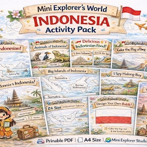 Könnte beinhalten: Ein farbenfrohes "Mini Explorer's World Indonesia Activity Pack" mit verschiedenen lehrreichen Arbeitsblättern. Das Paket enthält Karten, Malvorlagen und Illustrationen der indonesischen Kultur, Tiere und Lebensmittel. Der Text enthält "Let's Speak Indonesian!" und "Design Your Own Batik!"