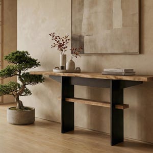 Console bois massif japandi – meuble d’entrée design en noyer live-edge – console artisanale ébéniste fait main