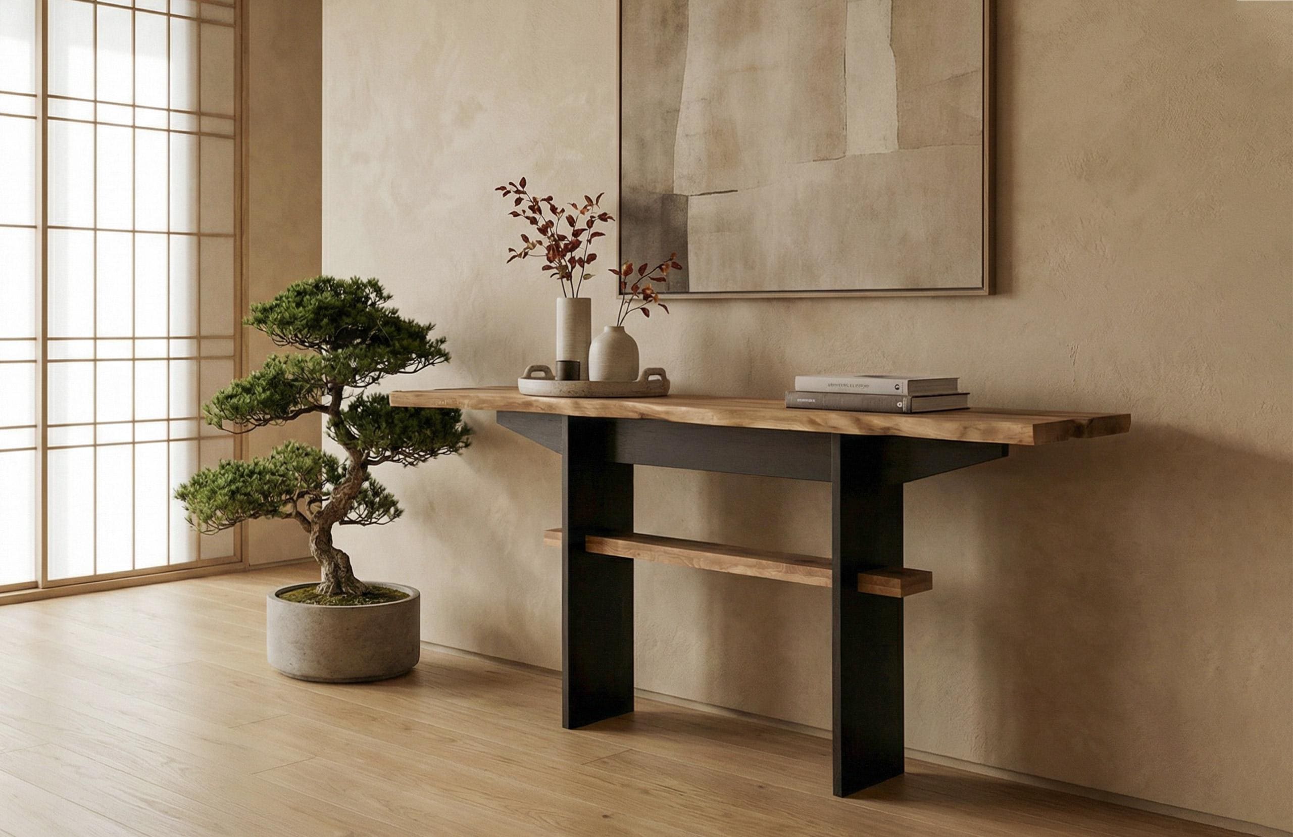 Console Bois Massif Japandi - Meuble D'entrée Design En Noyer Live-Edge Console Artisanale Ébéniste Fait Main