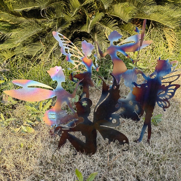 Flamed Color Fairy Metal Outdoor Decor, Garden Fairies Metal Art, Fairy Garden Metal on Flower beds or Yard, Make Your Space Magical