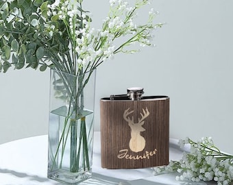 6oz Custom Wooden Animal Flask, Personalized Wood Hip Flask, Flask Gift, Deer Flask, Cat Flask, Gift for her, Gift for him