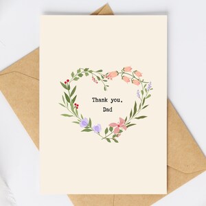 Cartão fofo de OBRIGADO PAI, modelo de cartão postal para download, guirlanda de flores em formato de coração, cartão em branco, cartão de dia dos pais, download instantâneo