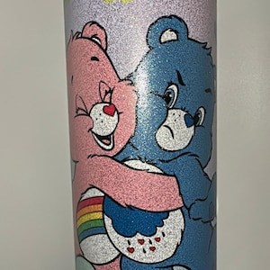 Bottiglia d'acqua retrò da 20 once con orsetti nostalgici e scontrosi GLITTER degli anni '80, ispirata agli anni '80, per bevande CALDE o FREDDE.