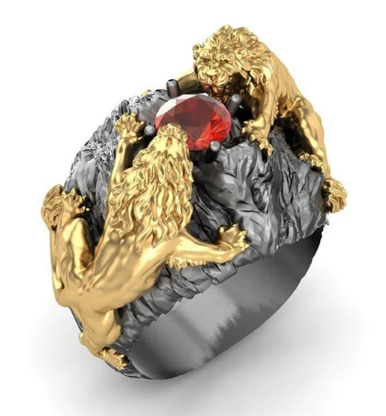 14kt Gold Over Lion Ring Men's Lion Ring Ruby Diamond Lion Etsy