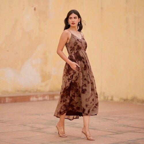 marble dress brown Brown Marble Dress/ Sleevless Tie Dye Dress/ Georgette Brown Dress/ Tie Dye  Dress