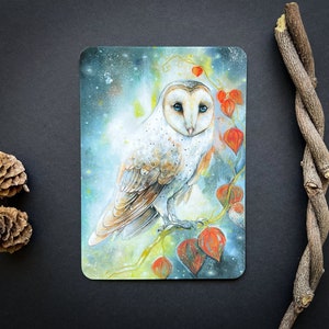 Autumn Owl Barn Owl - petite peinture murale de carte de vœux imprimée d’art