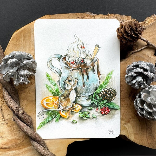 Weihnachtskarte Heiße Schokolade - Frohe Weihnachten Grußkarte Maus