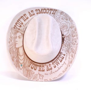 Beige Western Cattleman Hat - Engraved “Tennessee Whiskey” Lyric Design with Florals & Cowgirl