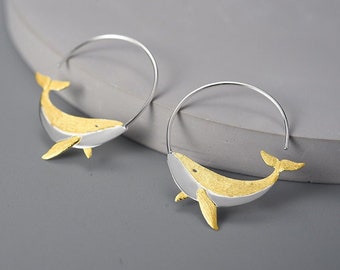 Cute Whale Round Hoop Earrings, Original Fashion Jewelry, Natural Jewelry Design, Handmade Fine Jewelry Gifts For Women