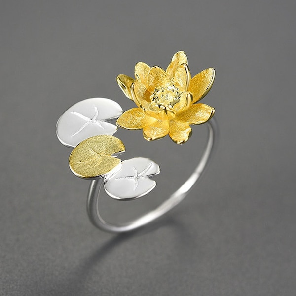 Water Lily Flower Adjustable Rings, Original, Natural Jewelry Design, Handmade Fine Jewelry Gifts For Women