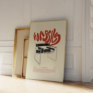 以下が含まれることがあります： 1925年にマルセル・ブロイヤーがデザインしたワシリーチェアの赤と白のイラストが描かれたポスター。ポスターは白地に、「ワシリー」、「マルセル・ブロイヤー」、「1925」の文字が書かれている。