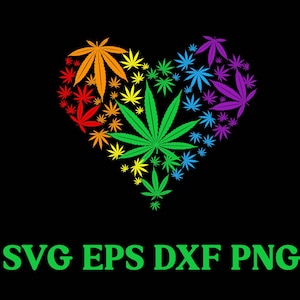 Puede incluir: Un corazón en forma de arcoíris hecho de hojas de marihuana. Las hojas son de color rojo, naranja, amarillo, verde, azul y morado. El texto "SVG EPS DXF PNG" está en la parte inferior de la imagen.
