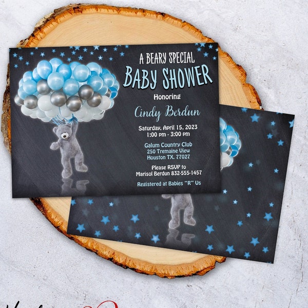 Blue Gray Bear Balloon Baby Shower Invitation Bear Baby Shower Invite Boy Baby Shower Invitation Star Grey Bear Balloons Baby Sprinkle