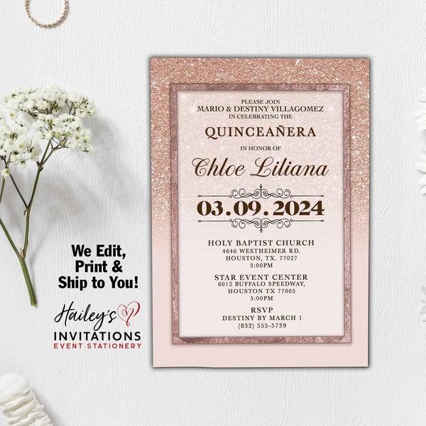 Pink and Rose Gold Quinceañera Invitations Sweet Sixteen Pink Quince Bronze Rose Sweet 16 Rose Gold Glitter Gold Quince Años Sparkle