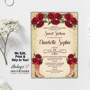 Red and Gold Quinceanera Invitations Boots Western Sweet Sixteen Red Quince Roses Flowers Sweet 16 Gold Glitter Floral Quince Años Sparkle