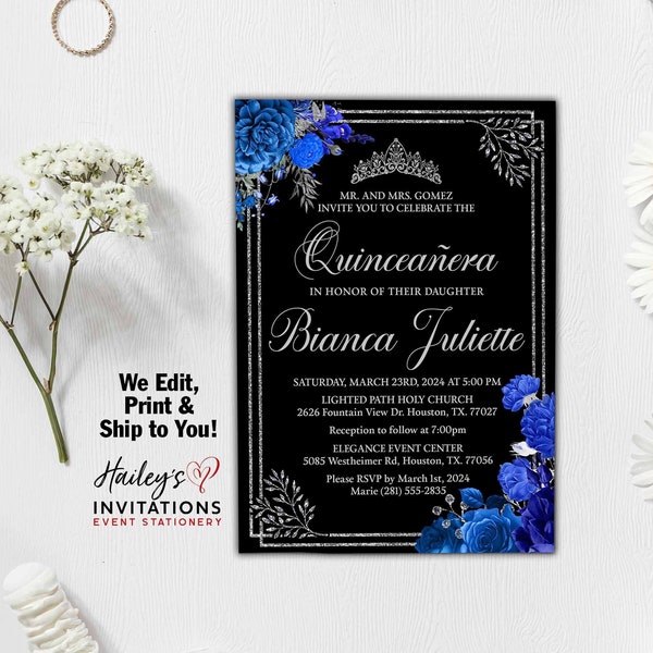 Royal Blue Floral and Silver Quinceanera Invitation Sweet 16 Glitter Silver Tiara Black Silver Blue Sweet Sixteen XV Años Invitacion Elegant