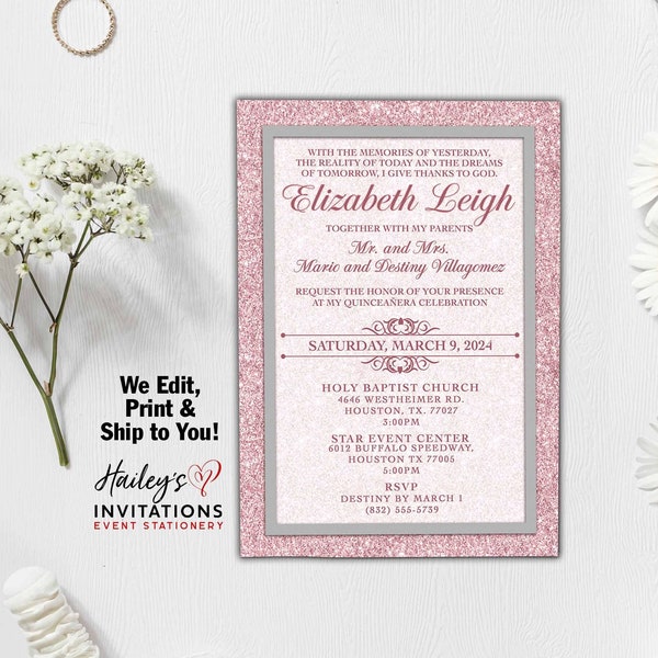 Pink and Silver Quinceañera Invitations Sweet Sixteen Pink Quince Silver Lace Sweet 16 Fushcia Gray Dress Quince Años Glitter Pink and Gray