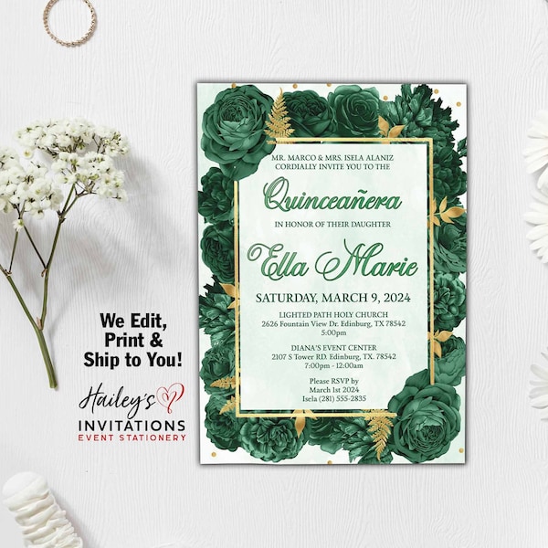 Emerald Green and Gold Quinceanera Invitation Sweet Sixteen Green Gold Quince Floral Glitter Sweet 16 Flowers Quince Años Floral Roses