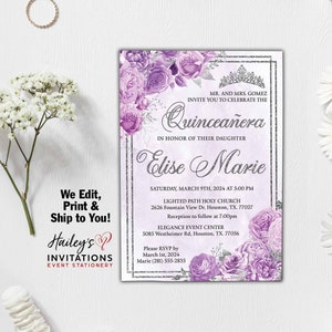 Silver and Purple Quince Invitations Sweet Sixteen Gray Quinceañera Floral Crystal Sweet 16 Purple Violet Quince Años Quinceanera Invites