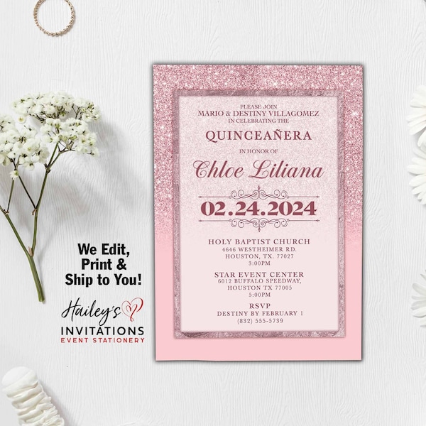 Pink and Blush Quinceañera Invitations Sweet Sixteen Pink Quince Blush Rose Sweet 16 Fushcia Hot Pink Magenta Quince Años Glitter Pink Blush