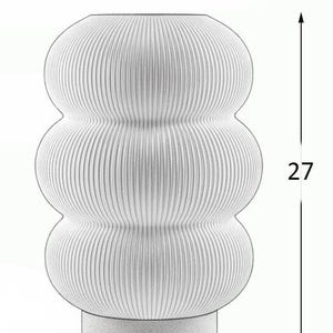 May include: A white vase with a ribbed, three-tiered bulbous body and a solid cylindrical base. The vase features a width of 20 units and a height of 27 units as indicated by the black dimension lines and arrows overlaid on the image.