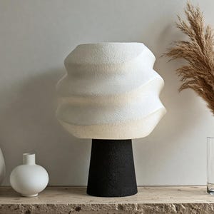 Può includere: Una collezione di vasi decorativi di varie forme, con un grande vaso bianco strutturato su una base nera come punto focale. Un vaso di vetro trasparente contiene erba della pampa essiccata, aggiungendo un elemento naturale.