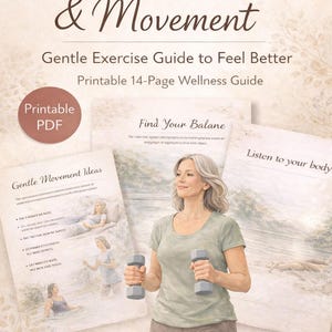 Könnte beinhalten: Ein Wellness-Ratgeber mit dem Titel "Menopause & Movement" und dem Untertitel "Sanfte Übungsanleitung für ein besseres Gefühl". Das Bild zeigt eine Frau mit Kurzhanteln und Seiten mit Übungsideen.