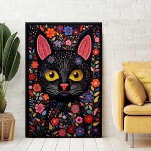Black Cat Flowers HIGH RESOLUTION Abstract Art, Colorful Print Art Home Decor Modern Wall Poster Cat Flowers Printable Digital Download