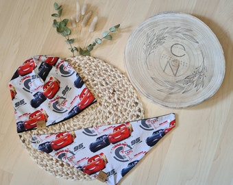 Reversible beanie and triangular scarf, Cars, head circumference 49-52 cm