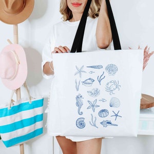 Muschel Einkaufstasche, Küstenmuscheln Canvas Einkaufstasche, Küstenästhetik, alte Geldästhetik, Pool-Tasche, Küstengroßmutter, Teenager-Mädchen Geschenk