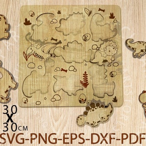 Tablero Montessori de dinosaurios, rompecabezas de madera con dinosaurio, rompecabezas cortado con láser DXF, enrutador de corte CNC Glowforge Svg, sierra de calar Cricut Digital