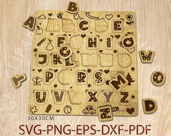 May include: A wooden alphabet puzzle featuring 26 letters, each with a unique design. The puzzle measures 30 cm by 30 cm and includes a set of individual letter pieces. The letters are arranged in a grid pattern on the board.