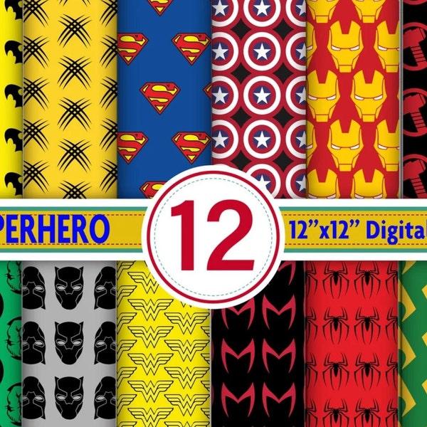 Most famous Superheros Digital Papers , Superhero  Seamless Patterns , Super Hero design for fabric, 12 Designs 12x12in, 30x30 cm