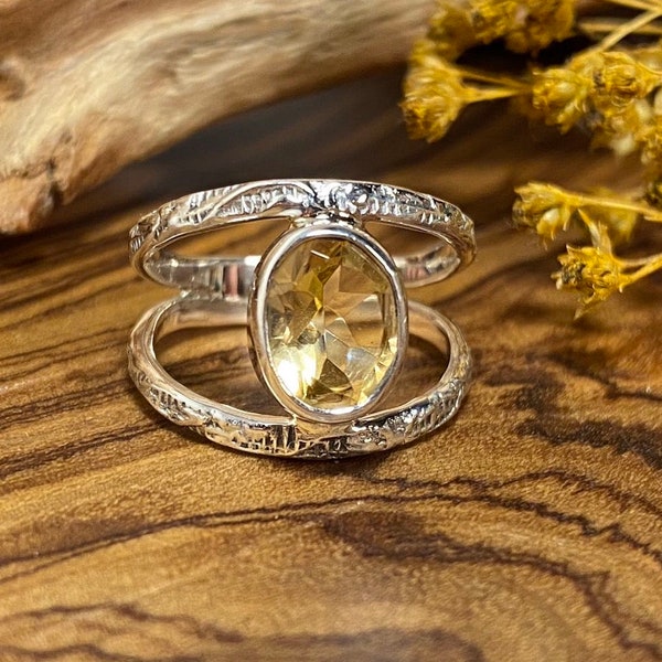 Silver ring with citrine, double ring • Citrine silver ring • Double row ring • Silver 925 ring for gifts • Citrine ring Boho Chique