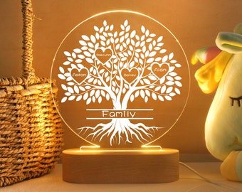 Lampe LED avec noms d'arbres généalogiques, cadeau d'anniversaire de maman pour les parents, fête des mères, pour les familles de grands-parents, fête des pères, meilleur cadeau pour la famille