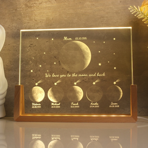 Lampe en cristal de phase de lune personnalisée, veilleuse en cristal de lune personnalisée, la nuit où nous nous sommes rencontrés, le jour de votre naissance, cadeau pour maman, cadeau pour papa