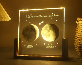 Lampe en cristal de phase de lune personnalisée, veilleuse en cristal de lune personnalisée, cadeau d'anniversaire la nuit de notre rencontre, cadeau le jour de votre naissance, cadeau pour couple