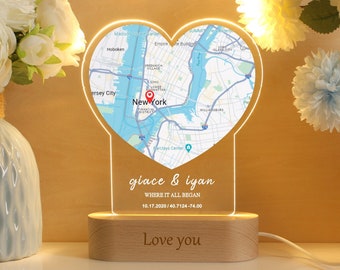 Custom Map Location Print,Where We Met Map Acrylic Night Light,Where It All Began,Our First Date,First Kiss,Engagement Gift,Anniversary Gift