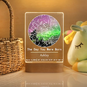 Veilleuse carte des étoiles le jour de votre naissance - Cadeau d'anniversaire personnalisé - Cadeau d'anniversaire 1er 2e 3e 13e 16e 18e 21e anniversaire - Veilleuse pour enfants