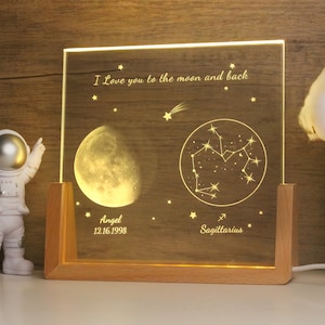 Gepersonaliseerde kristallen lamp maanfase, aangepast sterrenbeeldcadeau, The Night We Met, jubileumcadeau, dag waarop je geboren werd, verjaardagscadeau