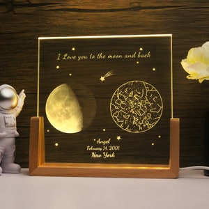 Lampe en cristal personnalisée phase de lune, carte des étoiles personnalisée, la nuit où nous nous sommes rencontrés, cadeau d'anniversaire, le jour de votre naissance, cadeau d'anniversaire, cadeau pour papa