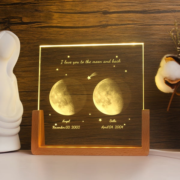 Lampe en cristal de phase de lune personnalisée, veilleuse en cristal de lune personnalisée, cadeau d'anniversaire la nuit de notre connaissance, le jour de votre naissance, cadeau pour maman