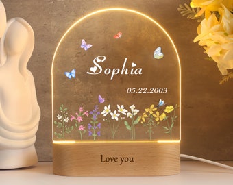 Veilleuse nom papillon floral personnalisée, cadeau d'anniversaire pour elle, lumière de chevet de chambre à coucher, lampe de nuit animal mignon, cadeau Saint-Valentin